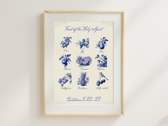 Fruit of the Holy Spirit Blue Toile Botanical Scripture Art Poster