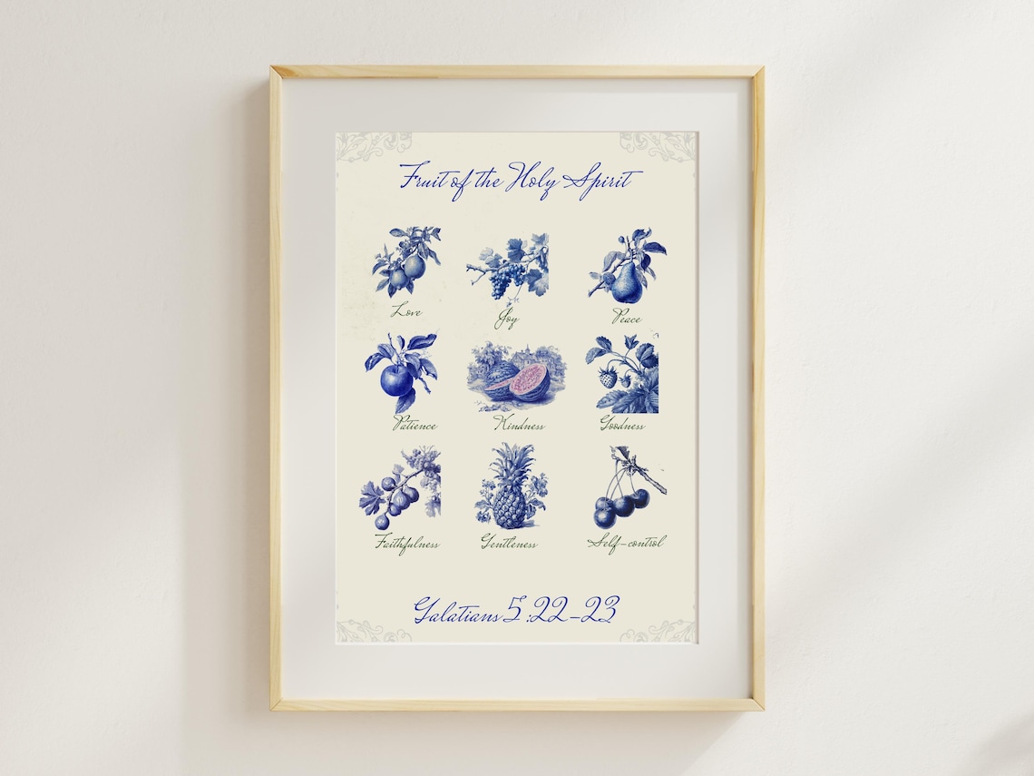 Fruit of the Holy Spirit Blue Toile Botanical Scripture Art Poster