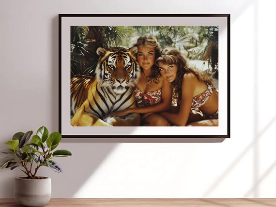 Jungle Glam Wall Art Retro Women Tiger Tropical Print Slim Aarons Style Vintage Decor