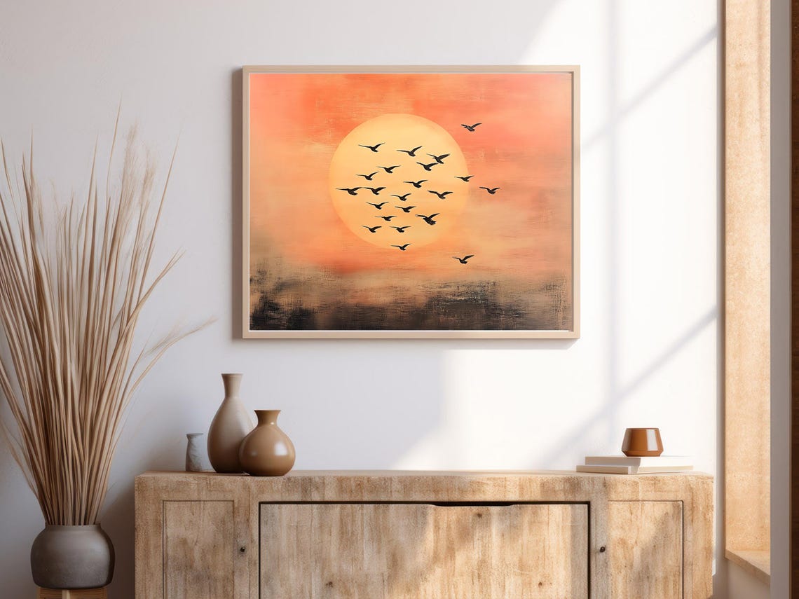 Birds Flying At Sunset Over Calm Sea Minimalist Boho Wall Art