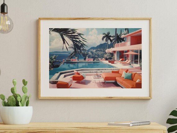 Tropical Midcentury Coral Villa Pool With Ocean View Slim Aarons Inspired Wall Art