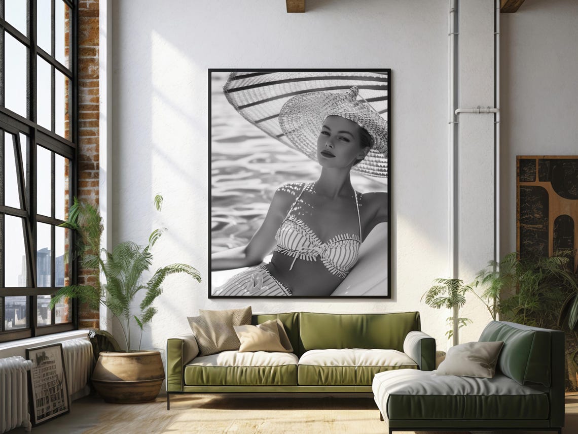 Vintage Poolside Glamour Bikini Photo Black And White Wall Art