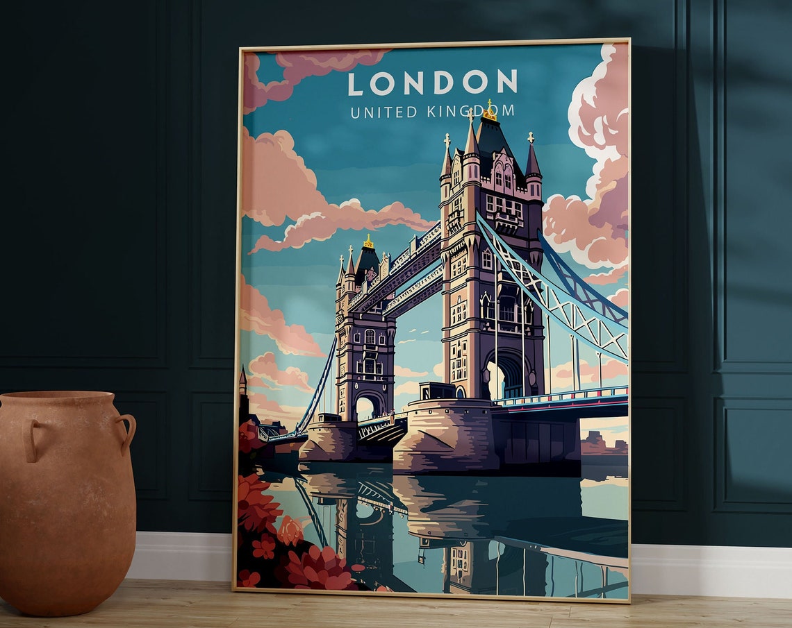 London Tower Bridge Sunset River Reflection Thames Travel Poster