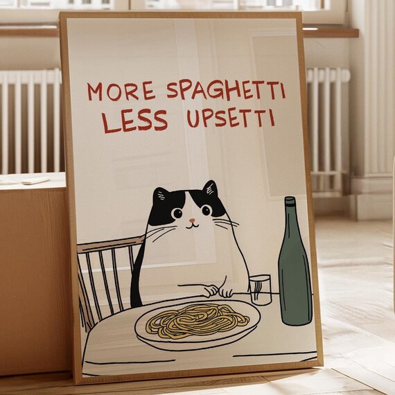 Funny Cat Wall Art Pasta Lover Decor Spaghetti Cat Art Cat Kitchen Decor Foodie Cat Poster Cute Cat Wall Art Funny Kitchen Art