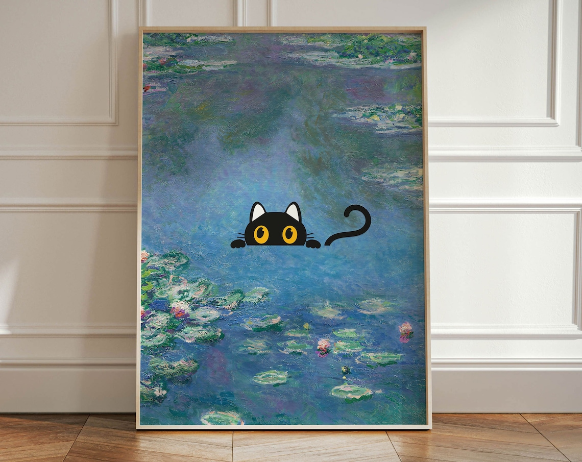 Monet Waterlily Cat, Funny Floral Art Print