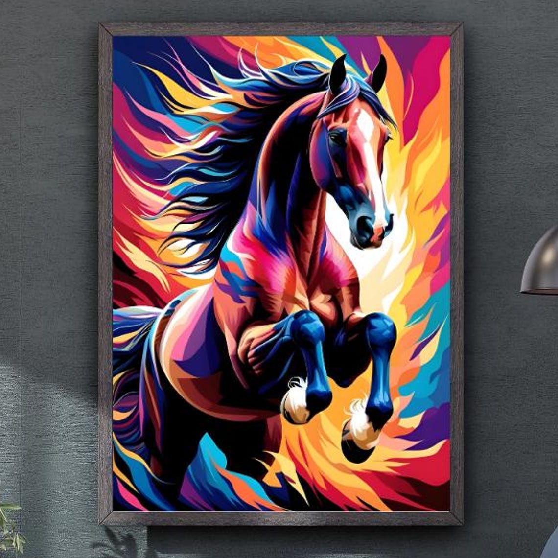 Fiery Multicolor Rearing Horse Stallion In Vibrant Neon Poster