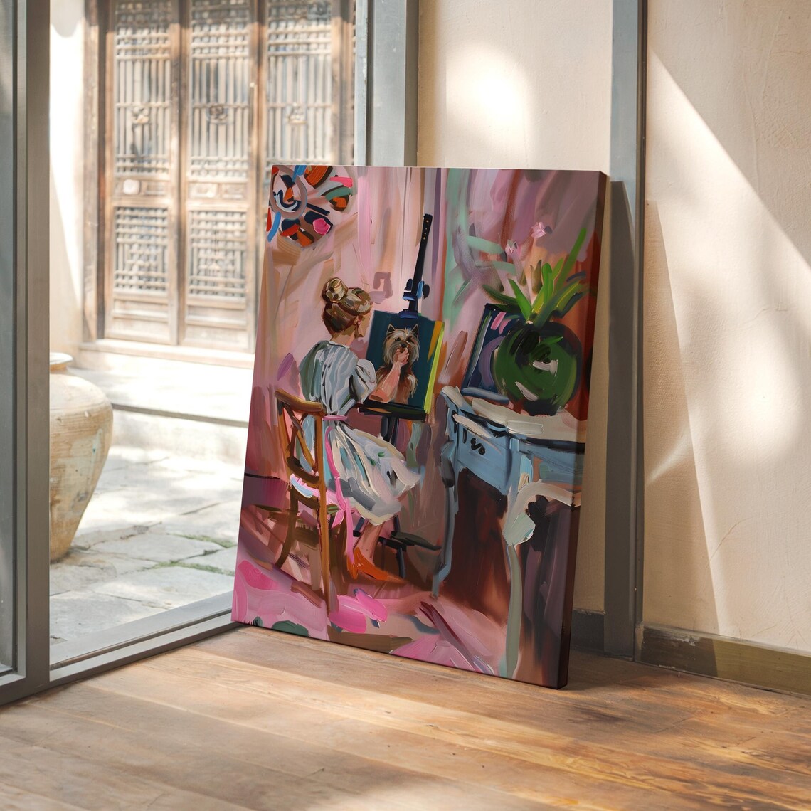 Woman Painting a Dog Portrait in a Colorful Art Studio Poster