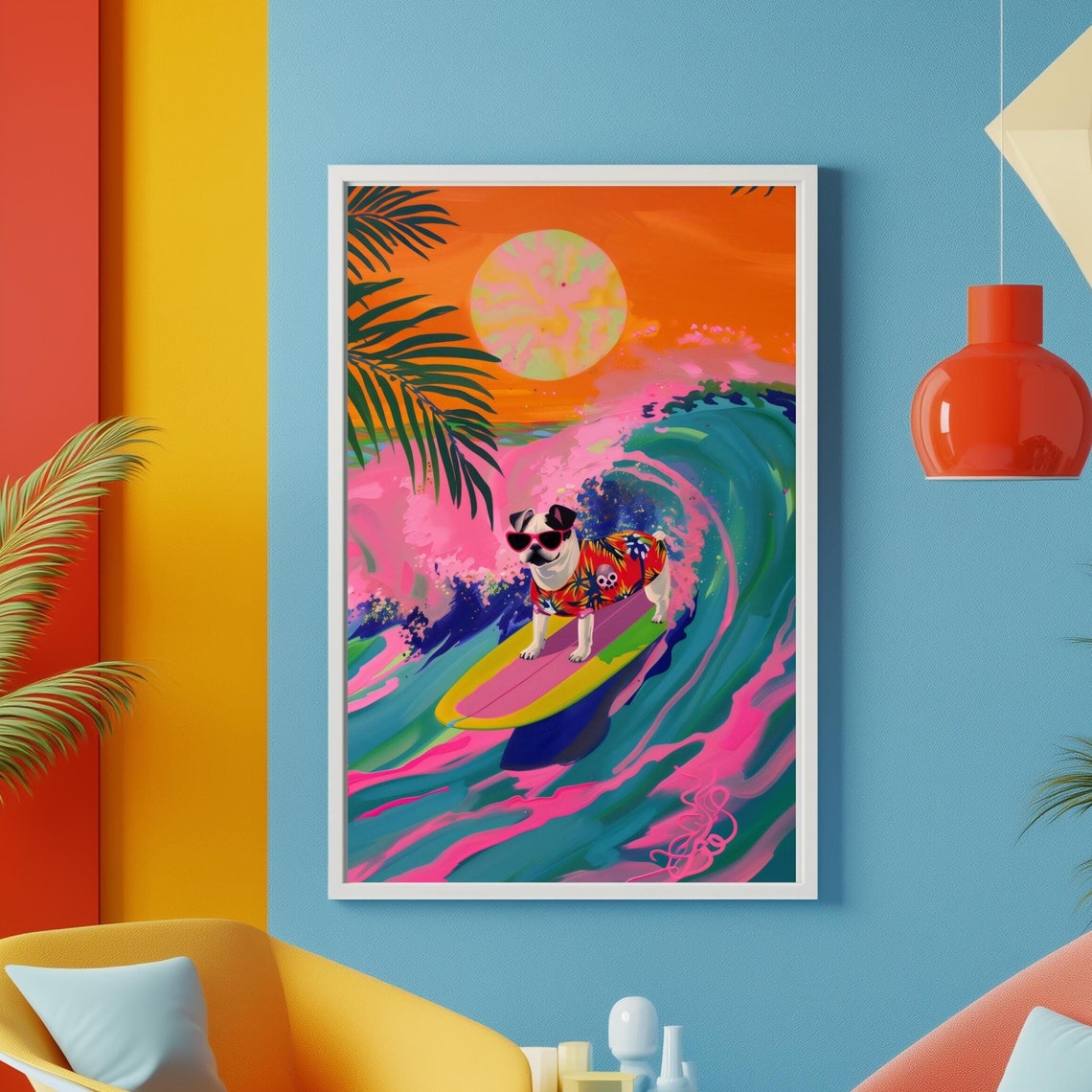 Surfing Pug In Sunglasses Poster Neon Wave Beach Summer Decor Art