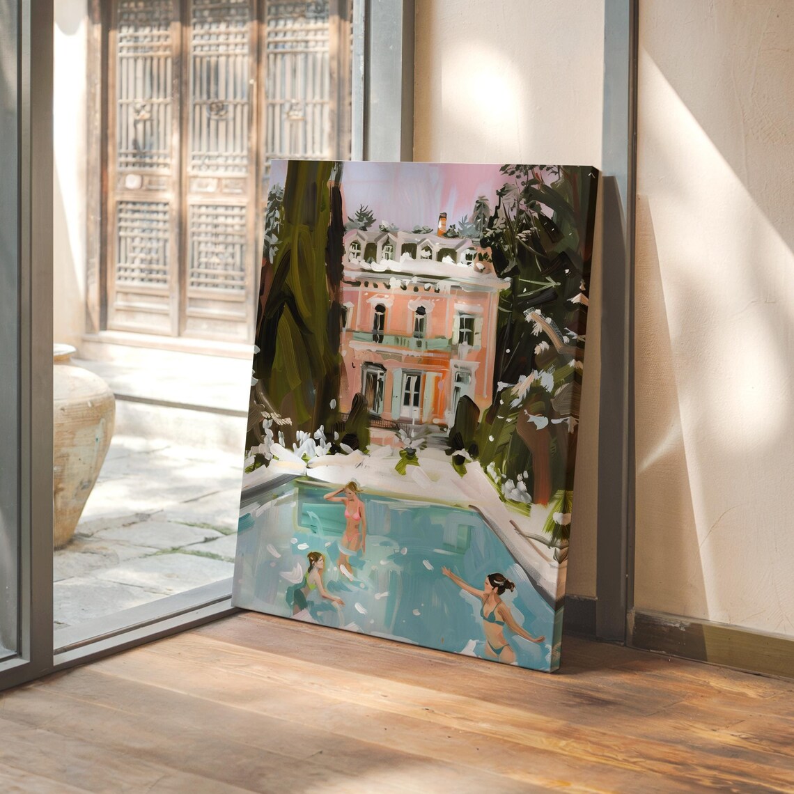 Winter Mansion Poolside Art Snowy Landscape Wall Print Luxury Winter Mansion Poster Elegant Mansion Pool Decor