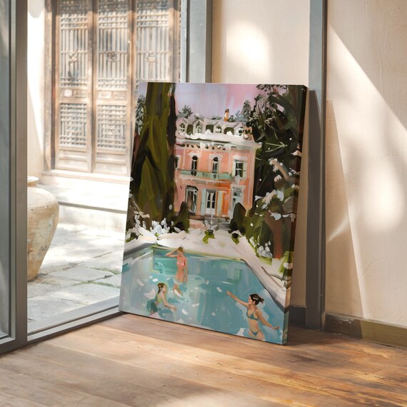 Winter Mansion Poolside Art Snowy Landscape Wall Print Luxury Winter Mansion Poster Elegant Mansion Pool Decor