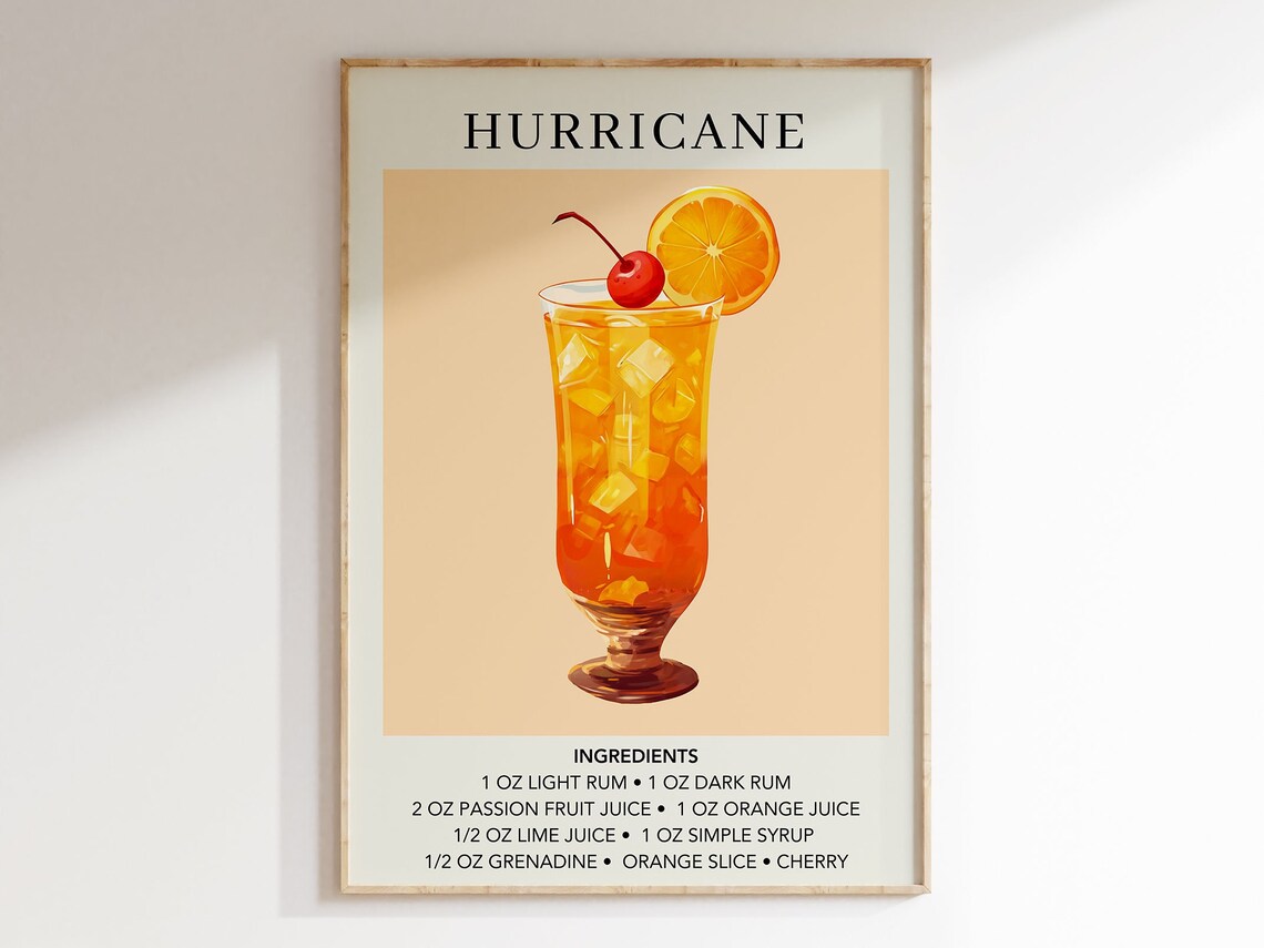 Hurricane Cocktail Art Print, Retro Bar Cart Decor