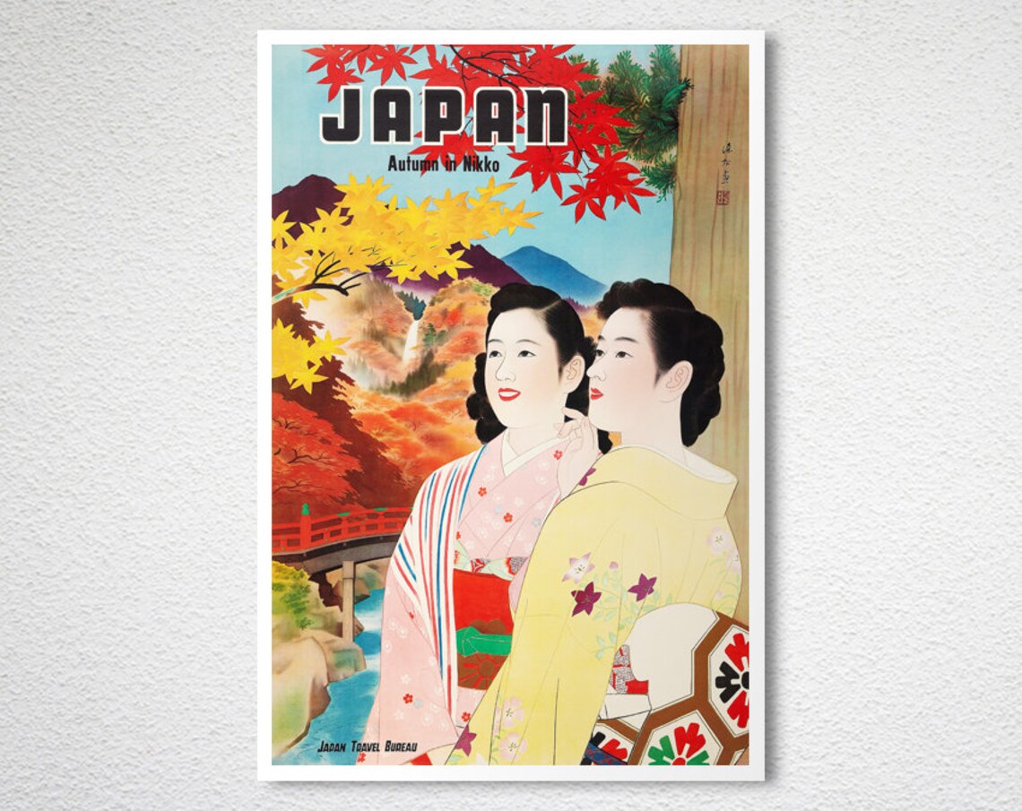 Japan Autumn in Nikko Kimono Women Maple Foliage Travel Poster - Image 2