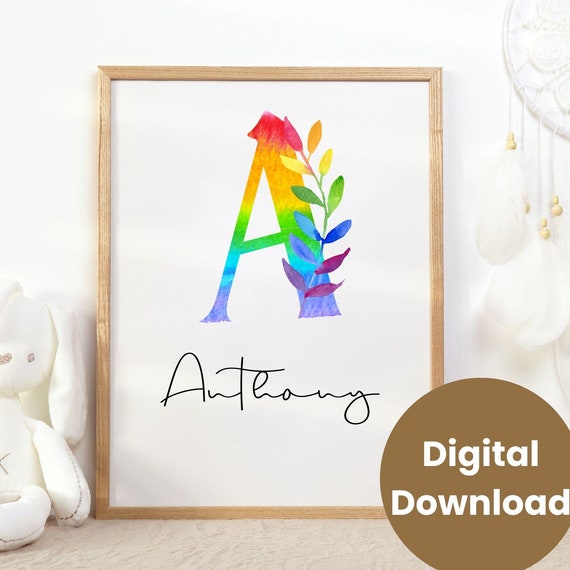 Custom Watercolor Rainbow Initial Nursery Wall Art Print Personalized Name Different Font Options Unisex Nursery Decor Name Sign
