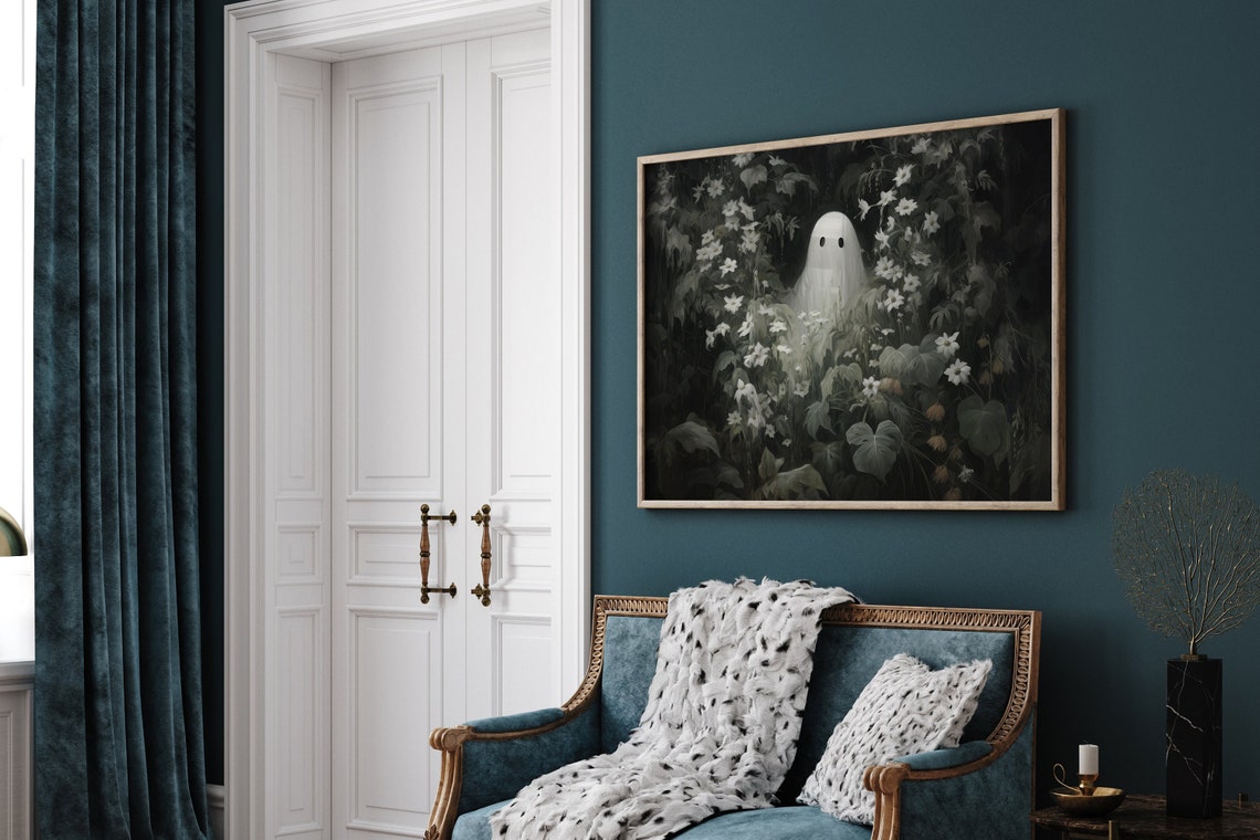 Ghost Among White Night Flowers Dark Floral Halloween Poster - Image 3