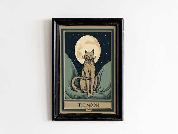 The Moon Tarot Cat XVIII Vintage Celestial Mystical Art Poster