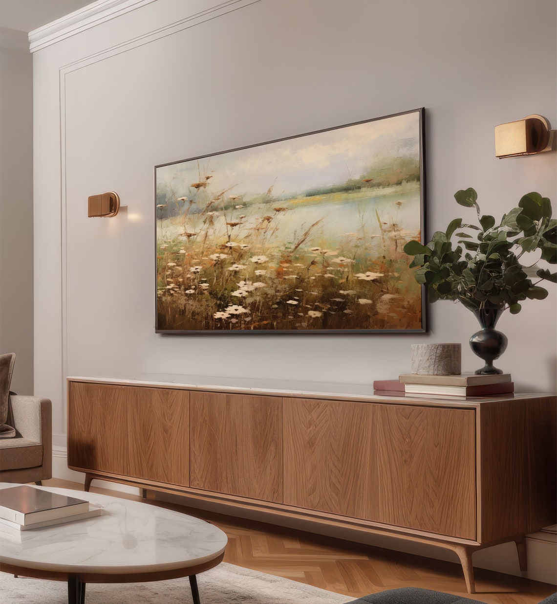 White Wildflowers Lakeshore Misty Impressionist Painting Wall Art - Image 2