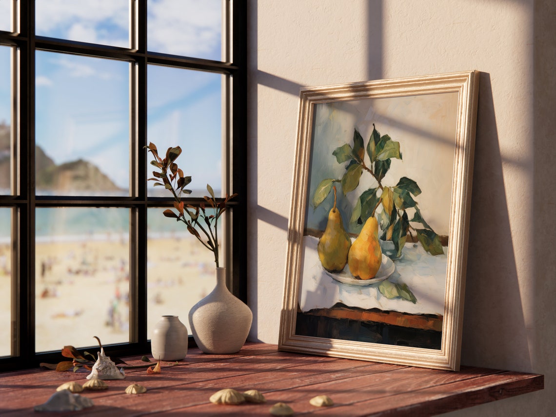 Two Pears Still Life Oil Painting Kitchen Fruit Bowl Rustic Wall Art - Image 3