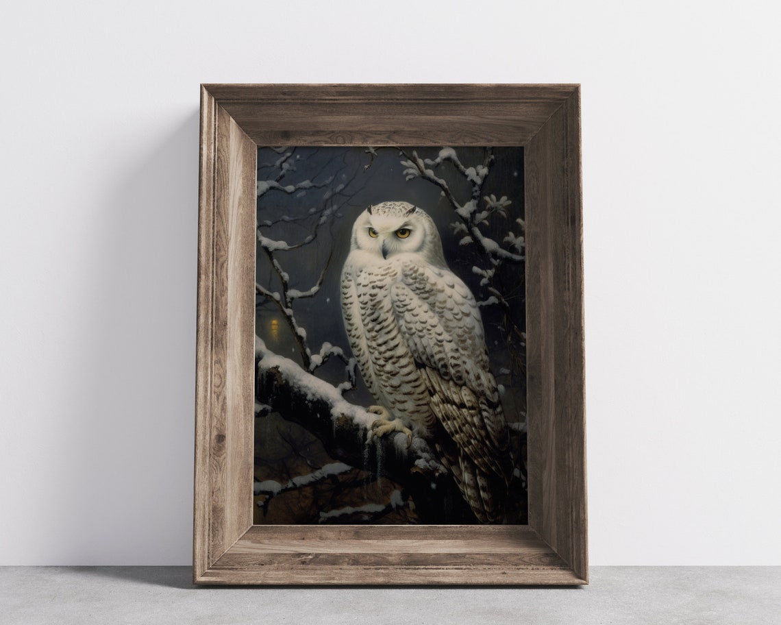 Snowy Owl in Snowy Woods Winter Night Vintage Painting Poster - Image 3
