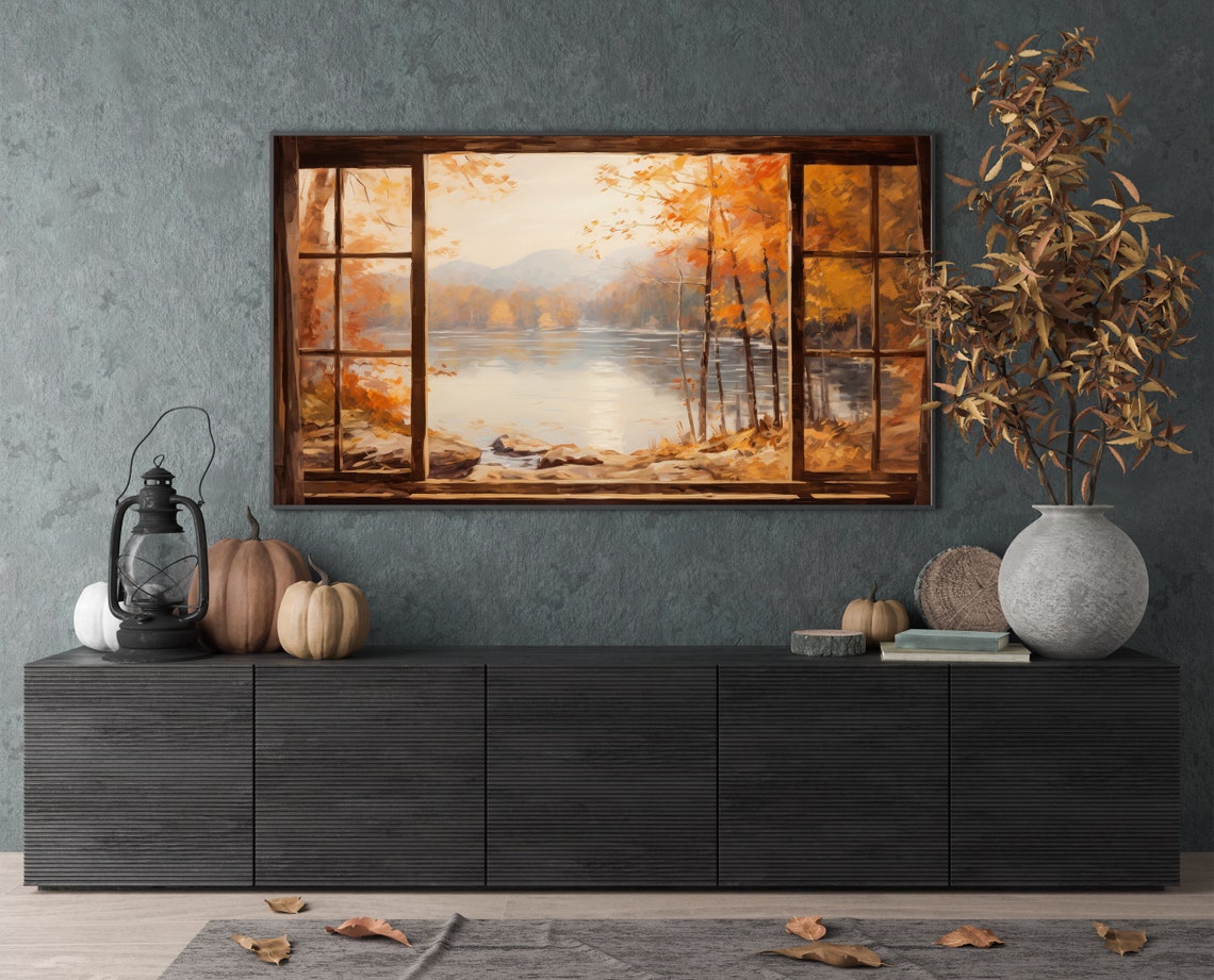 Serene Autumn Lake View Through Cabin Window Orange Trees Poster - Image 4