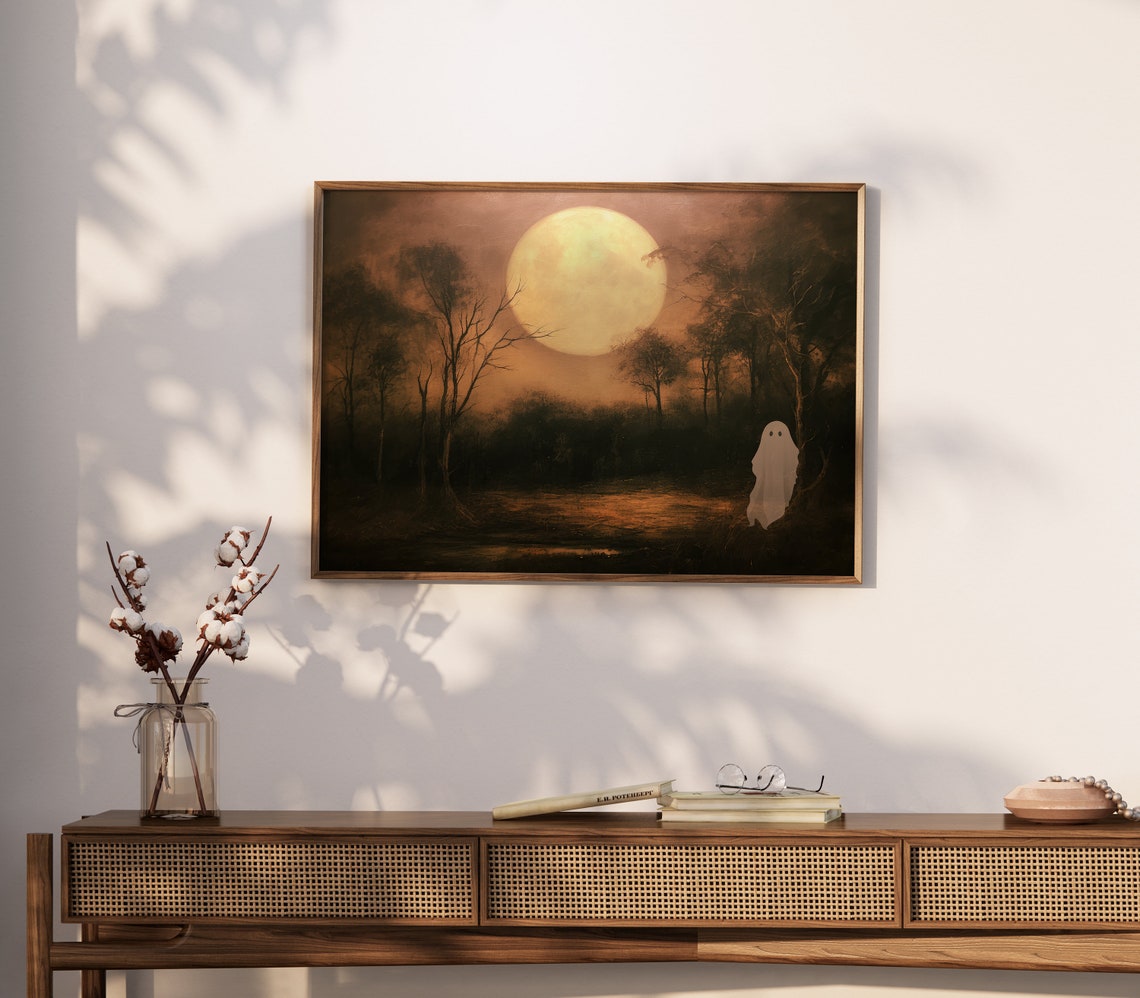 Spooky Full Moon Over Dark Forest with Tiny Ghost Halloween Poster - Image 4