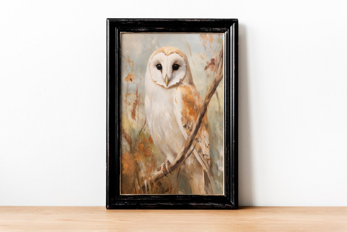 Muted Barn Owl Perched on Branch Autumn Oil Painting Style Poster - Image 3