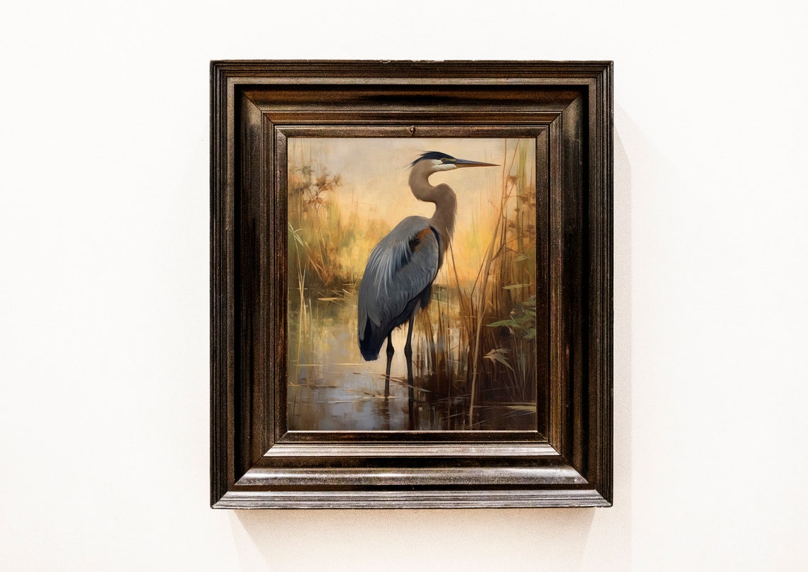 Great Blue Heron Marsh Sunset Vintage Wildlife Painting Poster - Image 2