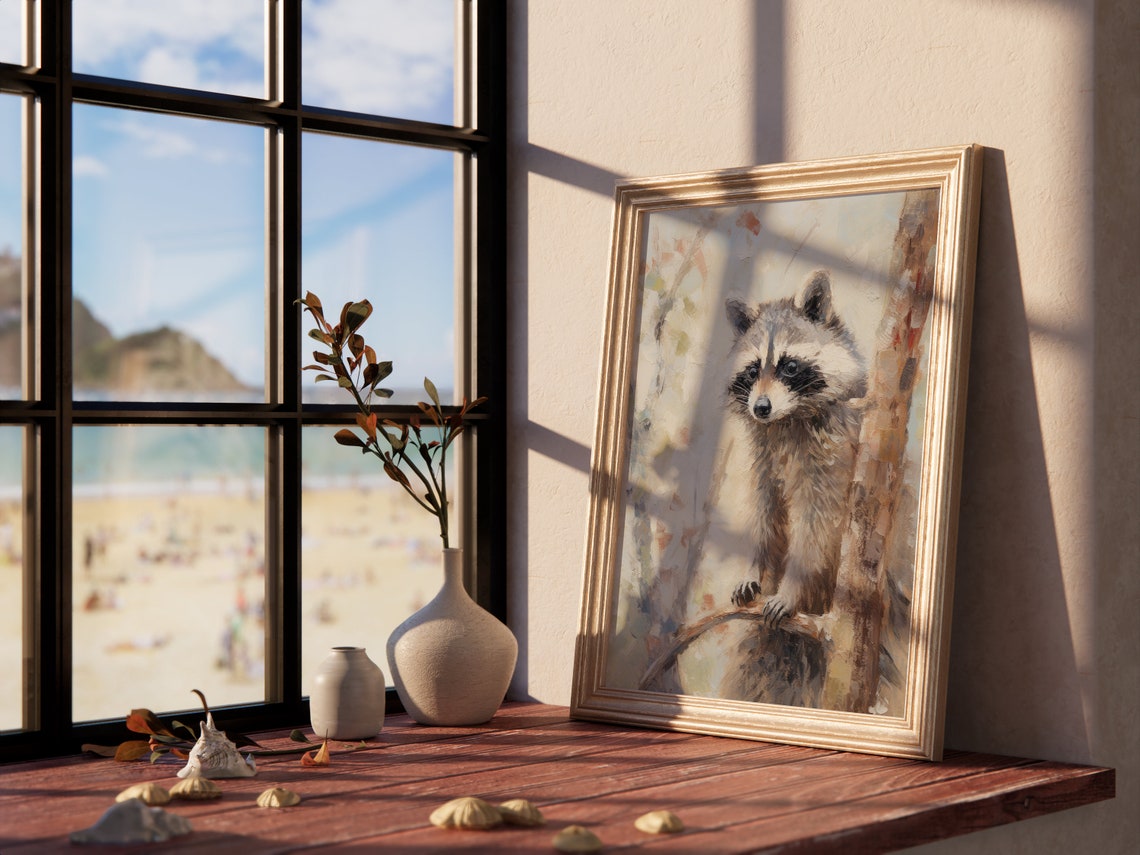 Muted Curious Raccoon in Autumn Woods Vintage Oil Painting Poster - Image 4