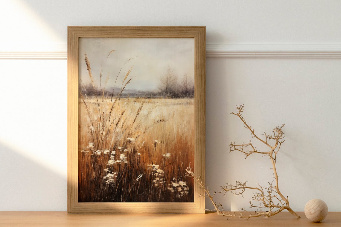 Golden Wheat Field With White Wildflowers Muted Rustic Poster - Image 3