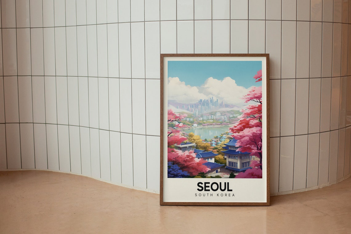 Seoul South Korea Spring Cherry Blossom Temple Lake Travel Poster - Image 2