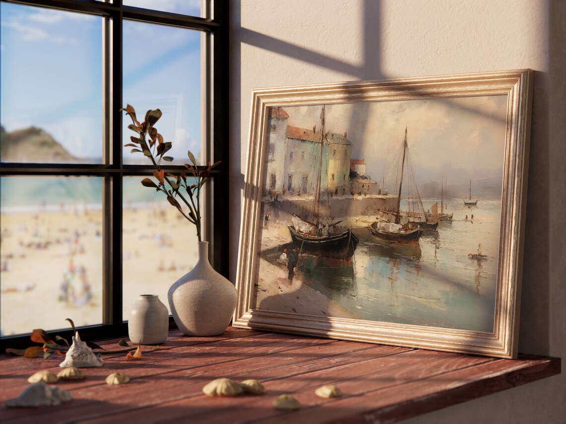 Vintage Old World Coastal Harbor Fishing Boats Oil Painting Poster - Image 4