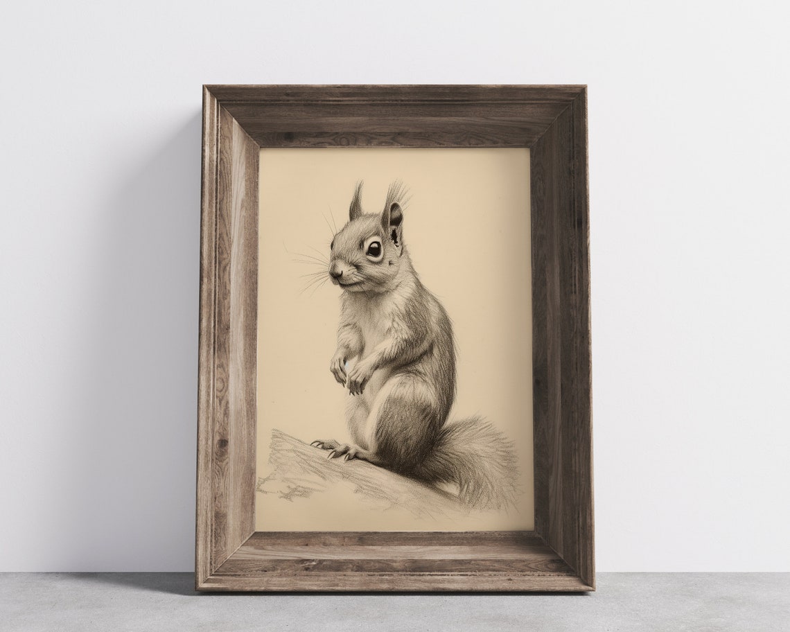 Vintage Squirrel Sepia Sketch Antique Woodland Animal Art Print - Image 3