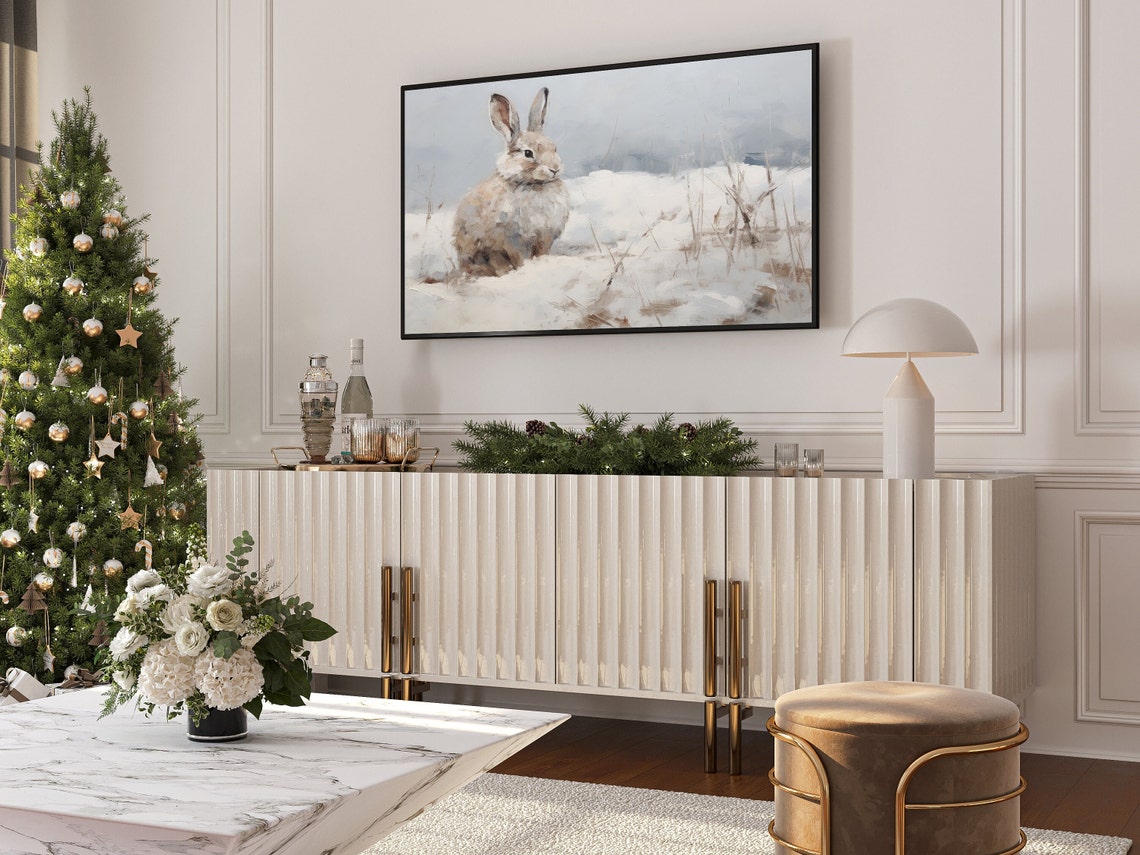 Wild Rabbit Sitting in Deep Snow Winter Wildlife Painting Poster - Image 4