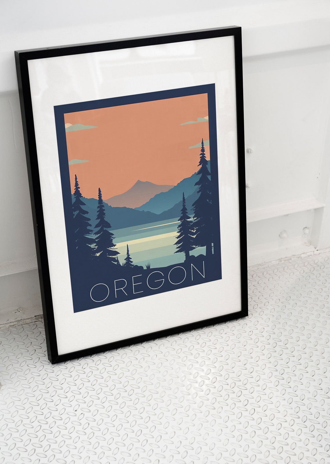 Oregon Retro Mountain Lake Evergreen Forest Sunset Travel Poster - Image 2
