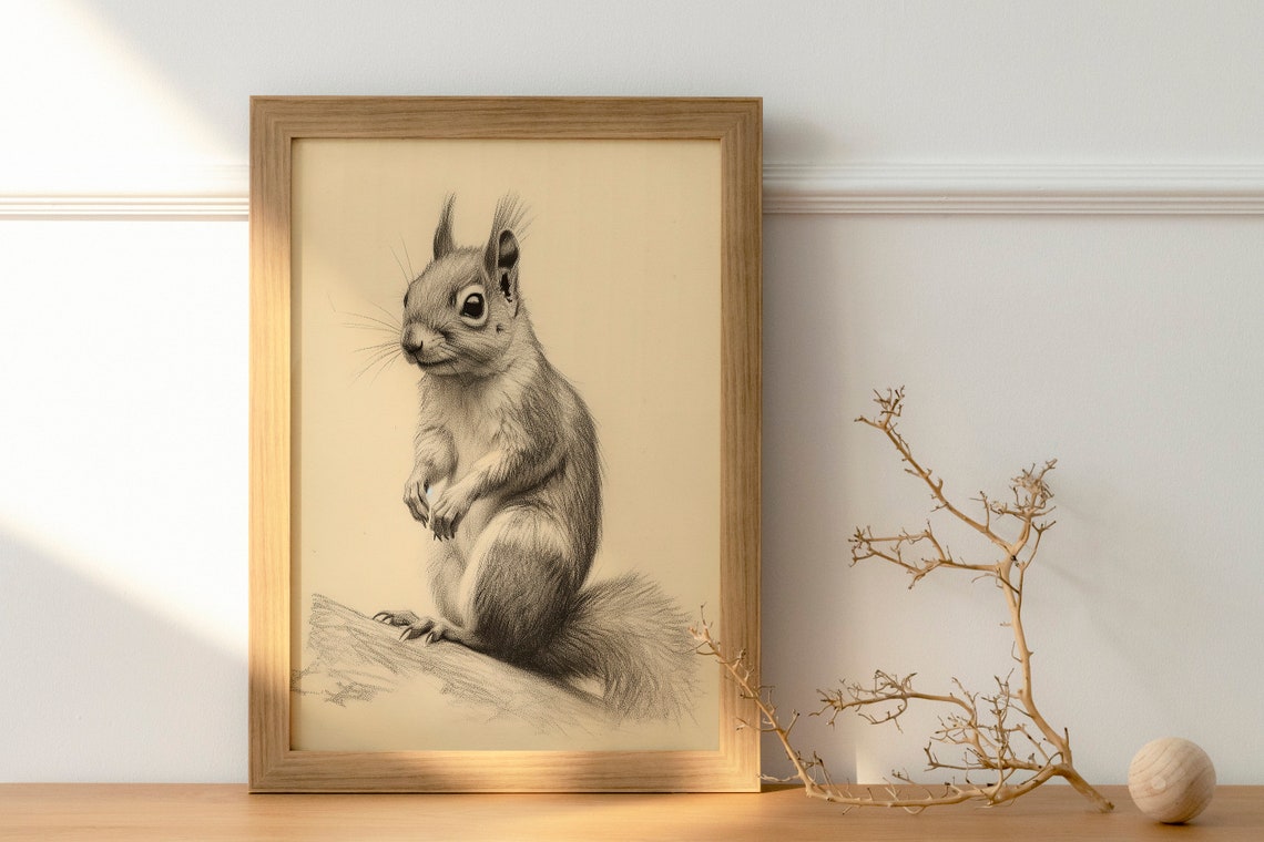 Vintage Squirrel Sepia Sketch Antique Woodland Animal Art Print - Image 2