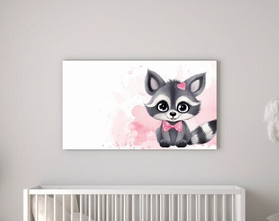 Baby Girl Raccoon With Pink Bow Cute Nursery Animal Wall Art Poster