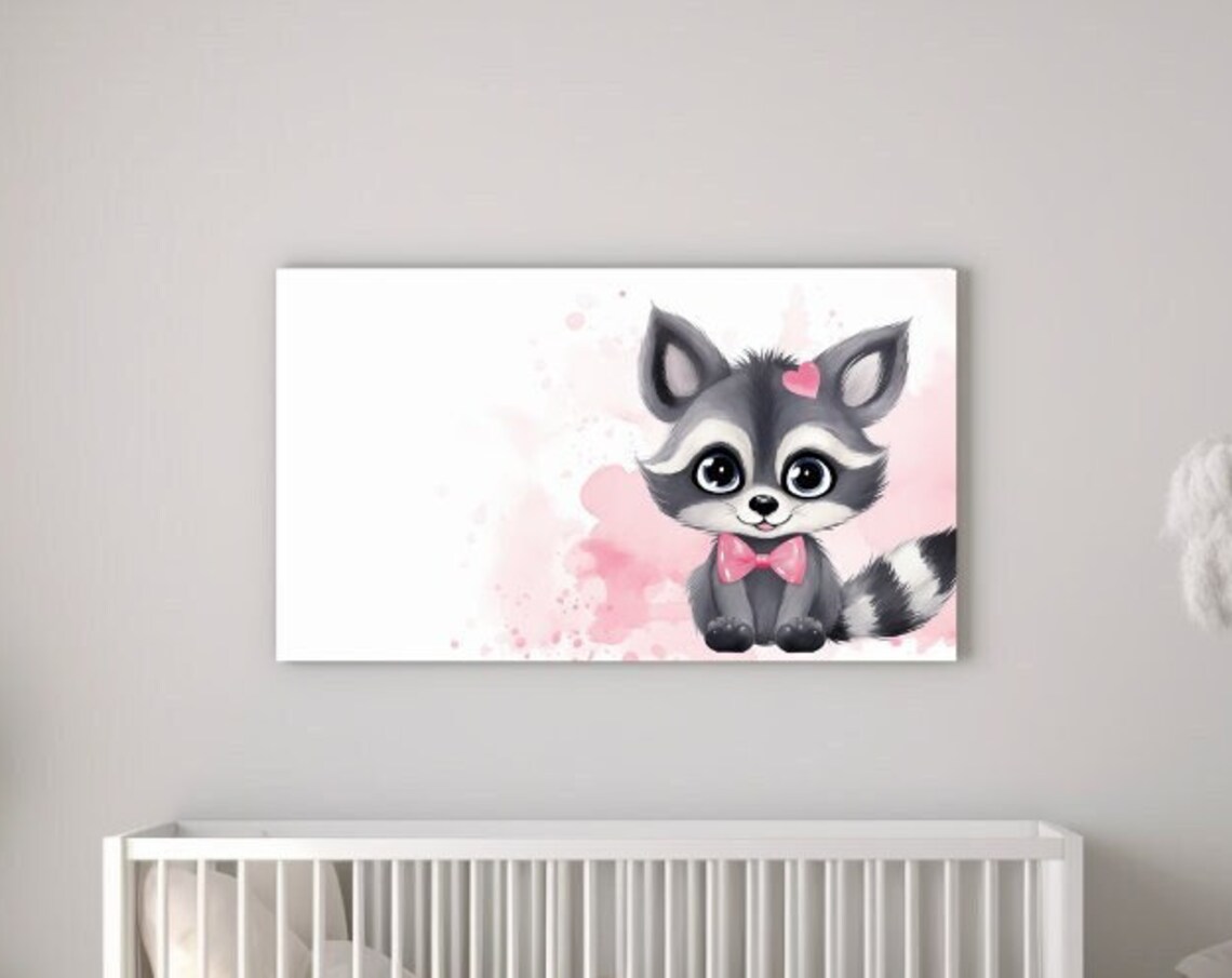 Baby Girl Raccoon With Pink Bow Cute Nursery Animal Wall Art Poster