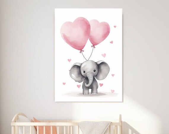 Cute Baby Elephant With Two Pink Heart Balloons Nursery Poster