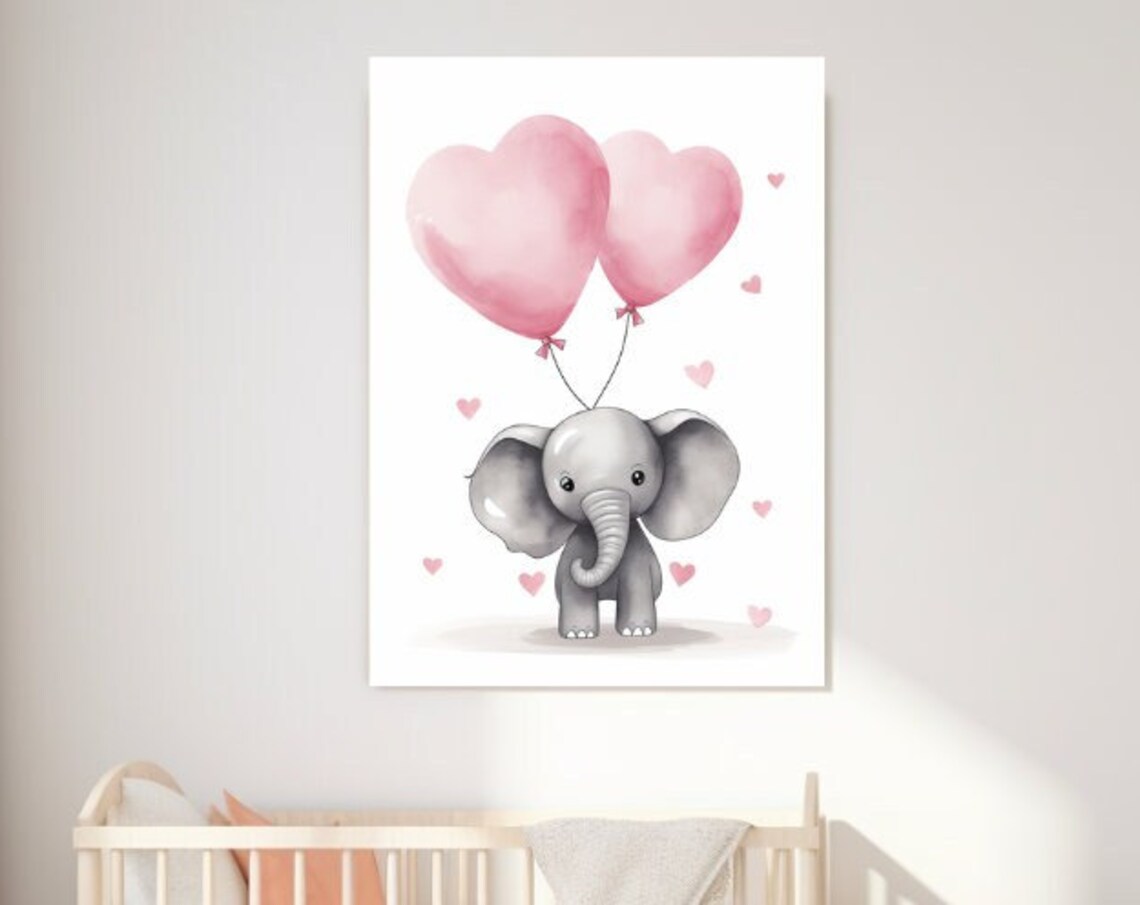 Cute Baby Elephant With Two Pink Heart Balloons Nursery Poster