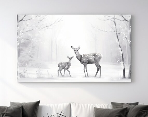 Calm Deer and Fawn Snowy Winter Forest Grayscale Wildlife Print