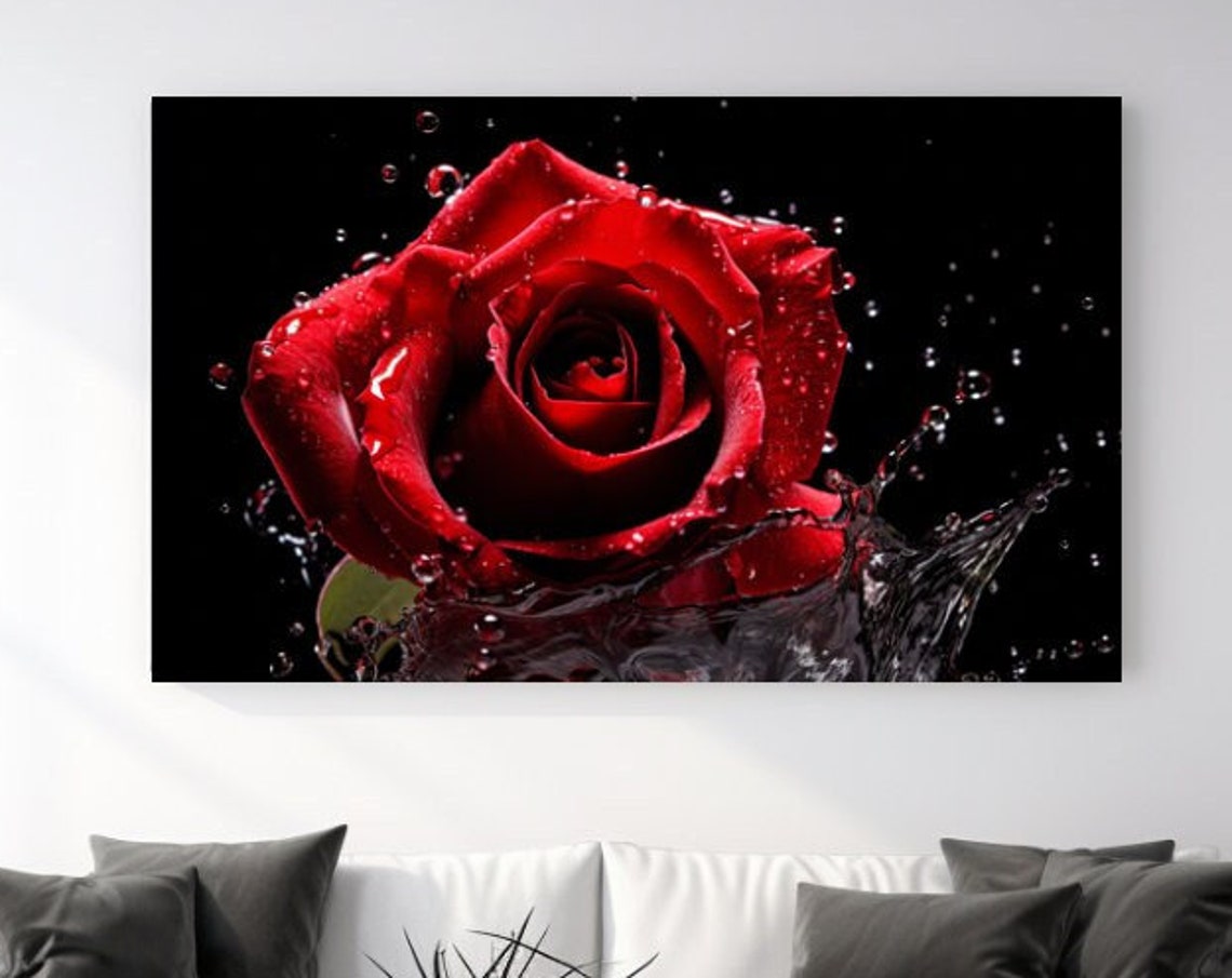 Red Rose Water Splash Black Background Closeup Floral Art Poster