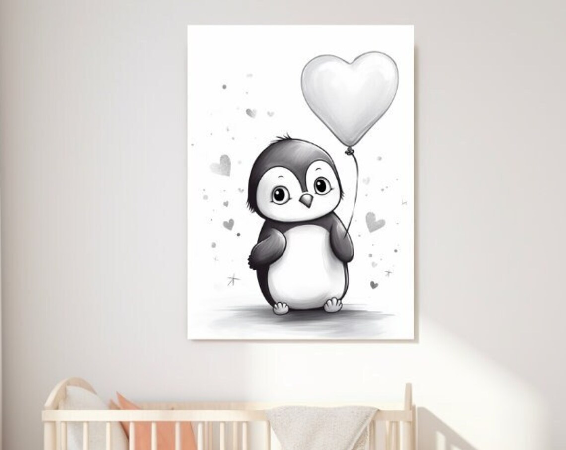 Cute Baby Penguin With White Heart Balloon Nursery Art Poster