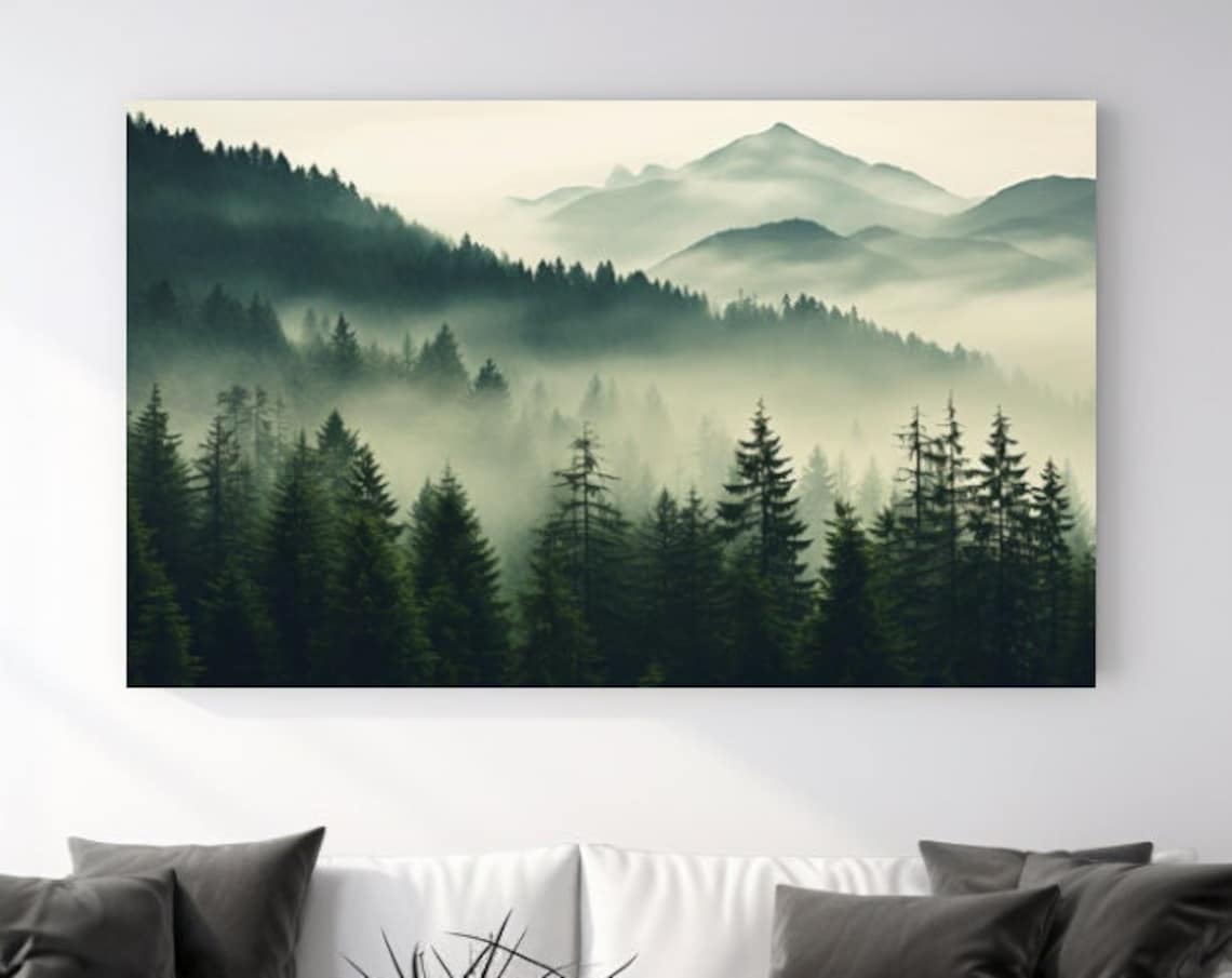 Forest Mountain Fog Landscape Art Print, Christmas Decor