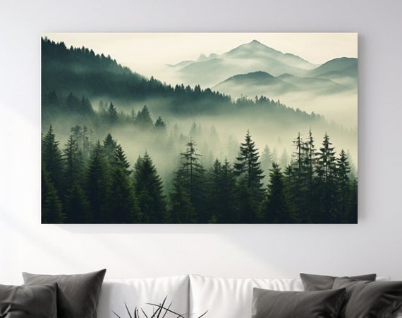 Forest Mountain Fog Landscape Art Print, Christmas Decor
