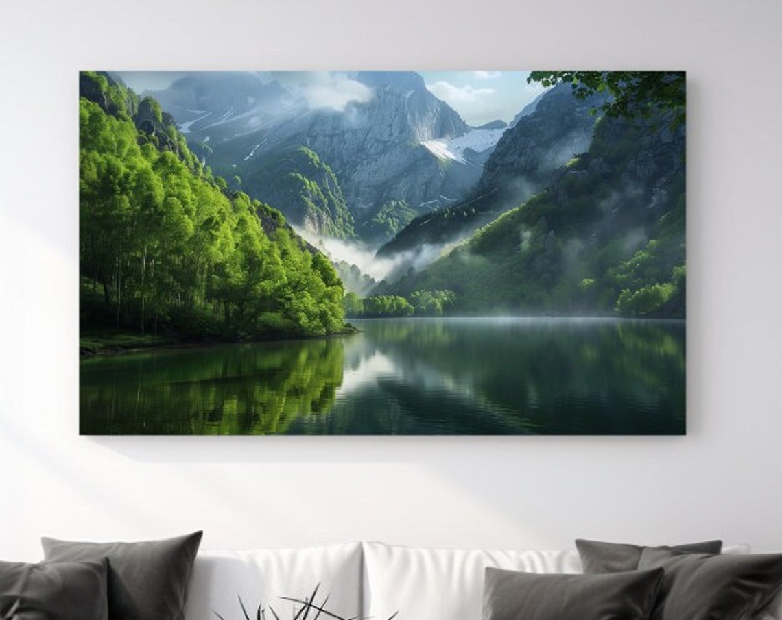 Alpine Mountain Lake Green Valley Mist Peaks Reflection Nature Poster
