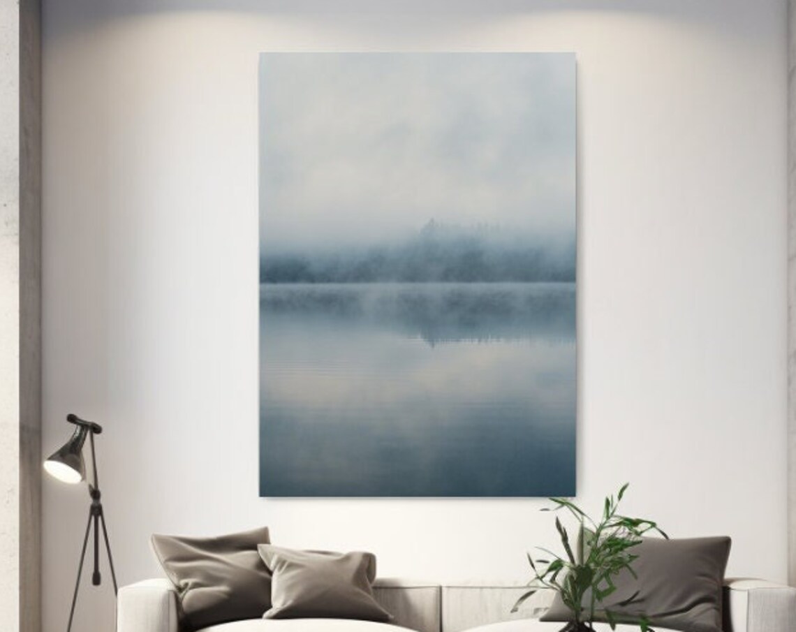 Misty Fog Over Calm Blue Lake Minimalist Serene Nature Water Poster