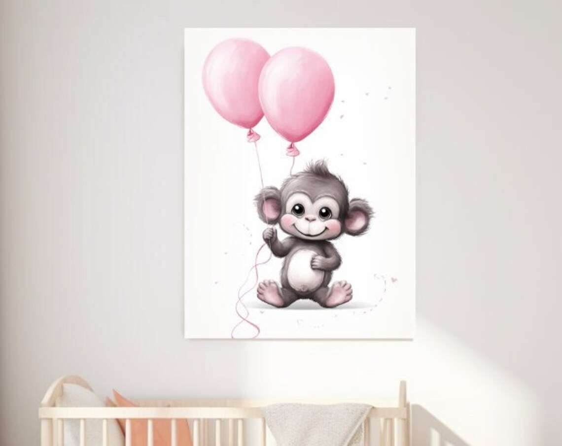 Cute Baby Monkey With Pink Balloons Watercolor Nursery Art Poster