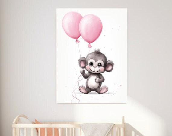 Cute Baby Monkey With Pink Balloons Watercolor Nursery Art Poster