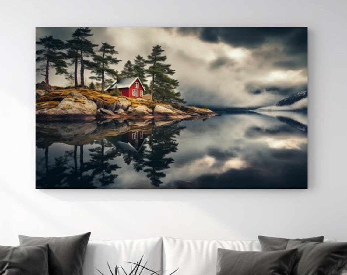 Red Cabin Lake Reflection Rocky Shore Pine Forest Scandinavian Poster