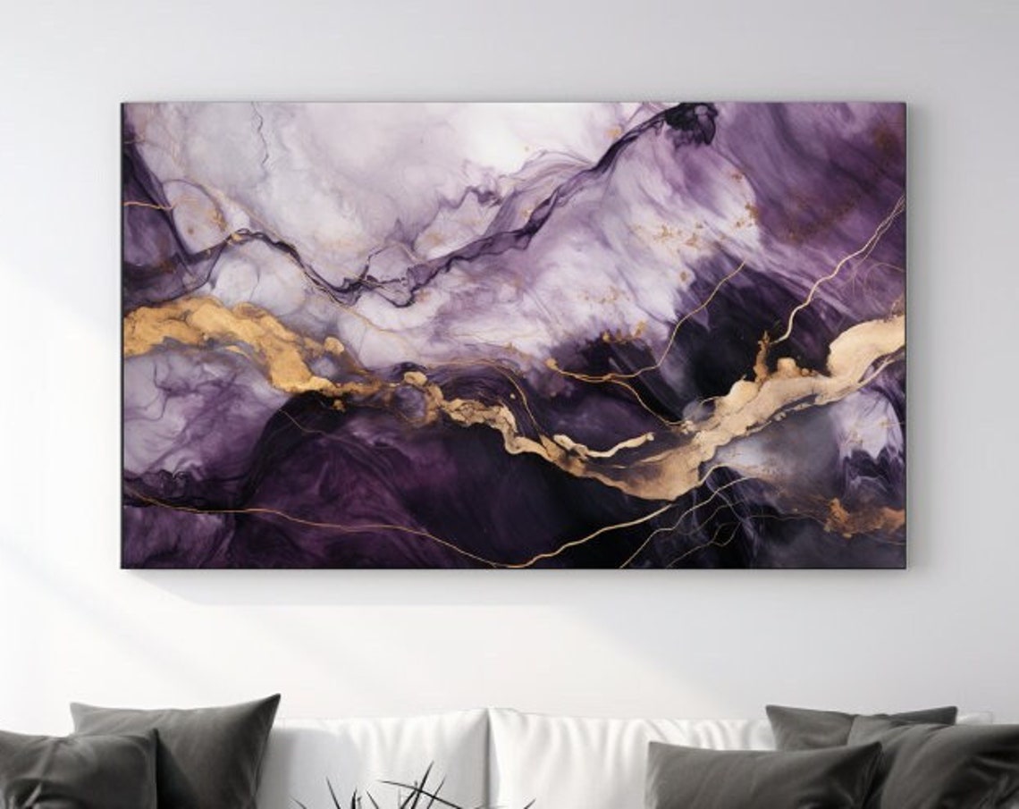 Dark Purple Marble Abstract Gold Veins Dramatic Luxury Wall Art