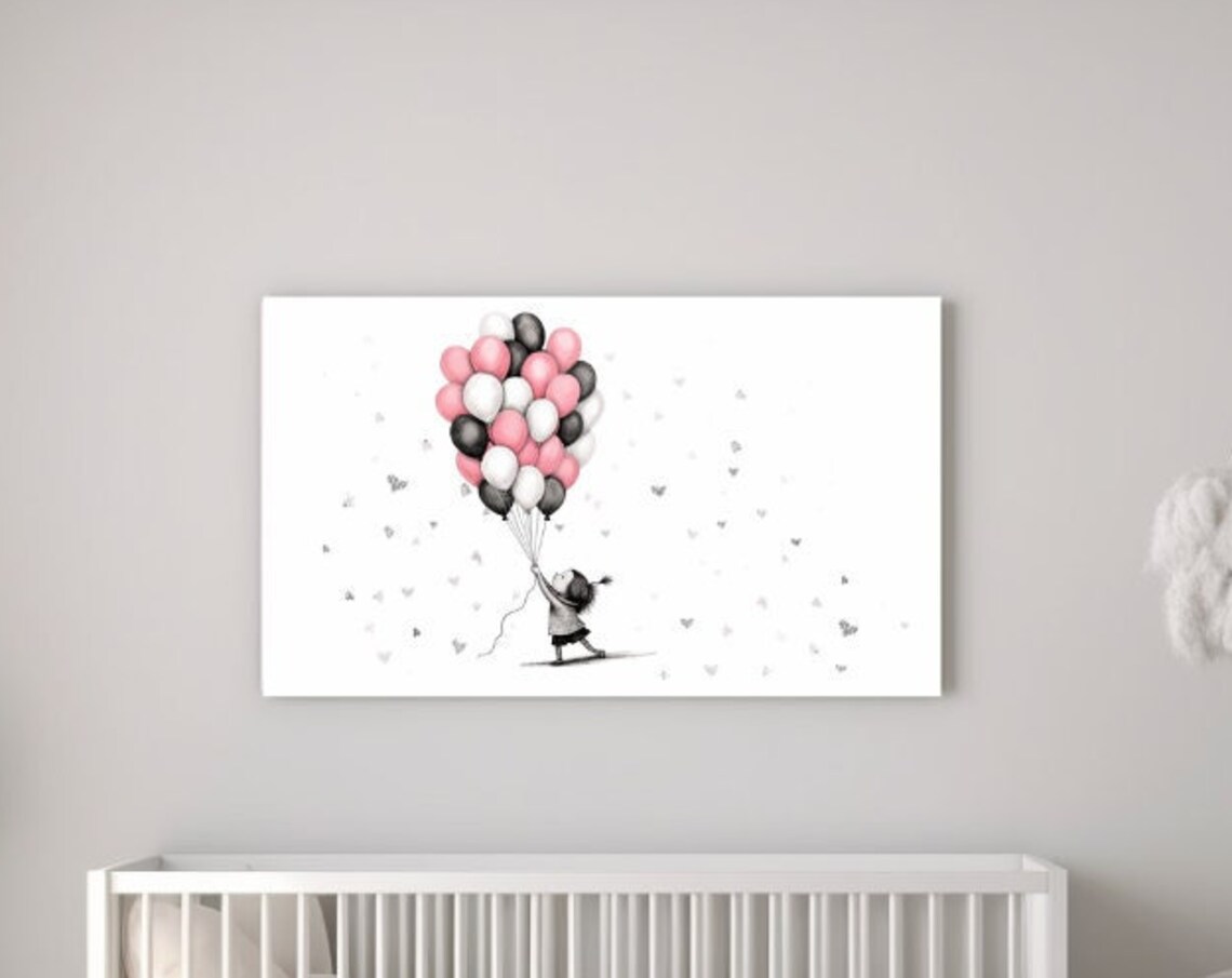 Little Girl Holding Pink Balloon Bouquet Sweet Hearts Wall Art